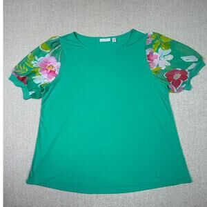 Susan Graver Women 1X Green Liquid Knit Summer Lightweight Vacation Top Shirt